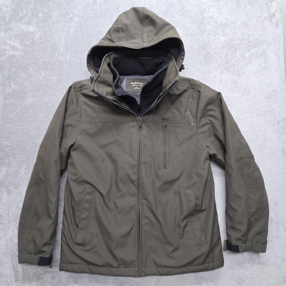 Sonoma Jacket Mens M Green Rain Coat Hooded Lined Insulated Zip Pockets
